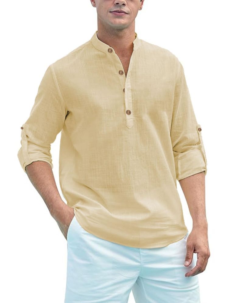     			UNI VIBE Beige Cotton Men's Shirt Style Kurta ( Pack of 1 )