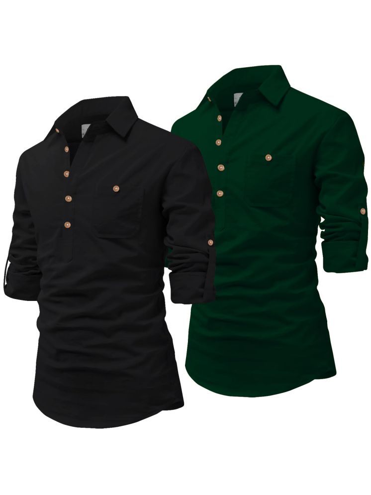     			UNI VIBE Dark Green Cotton Blend Men's Shirt Style Kurta ( Pack of 2 )