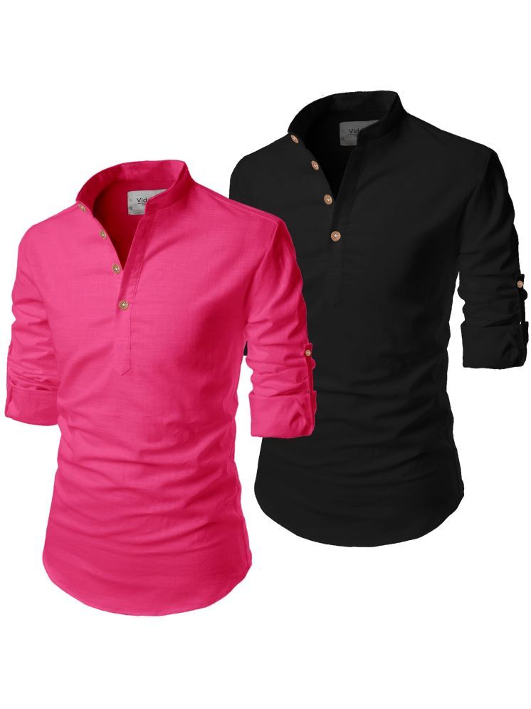     			UNI VIBE Light Pink Cotton Blend Men's Shirt Style Kurta ( Pack of 2 )