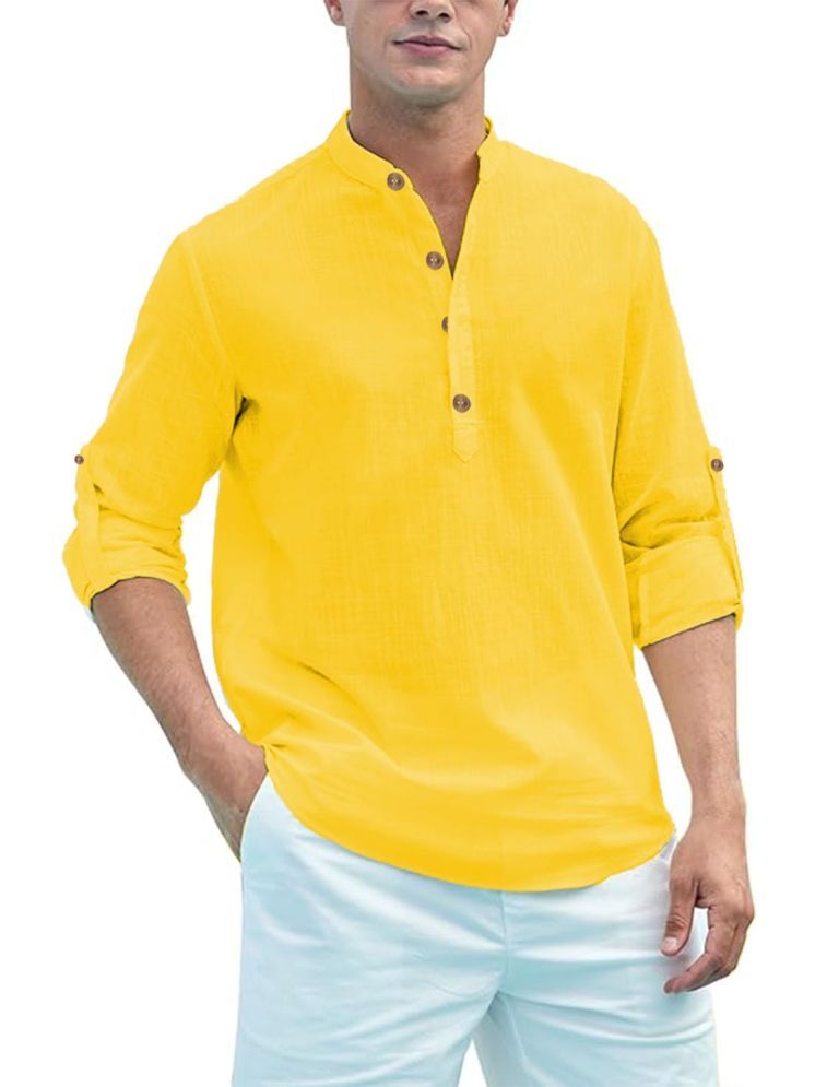     			UNI VIBE Yellow Cotton Men's Shirt Style Kurta ( Pack of 1 )