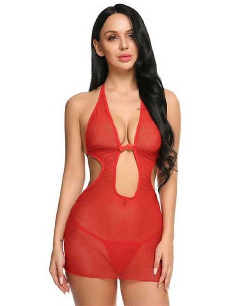     			ZYPRENT Red Net Women's Nightwear Baby Doll Dresses With Panty ( Pack of 1 )