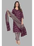 shree jeenmata collection Cotton Printed Kurti With Pants Women's Stitched Salwar Suit - Purple ( Pack of 1 )