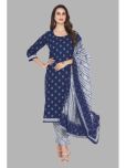 shree jeenmata collection Cotton Printed Kurti With Pants Women's Stitched Salwar Suit - Blue ( Pack of 1 )