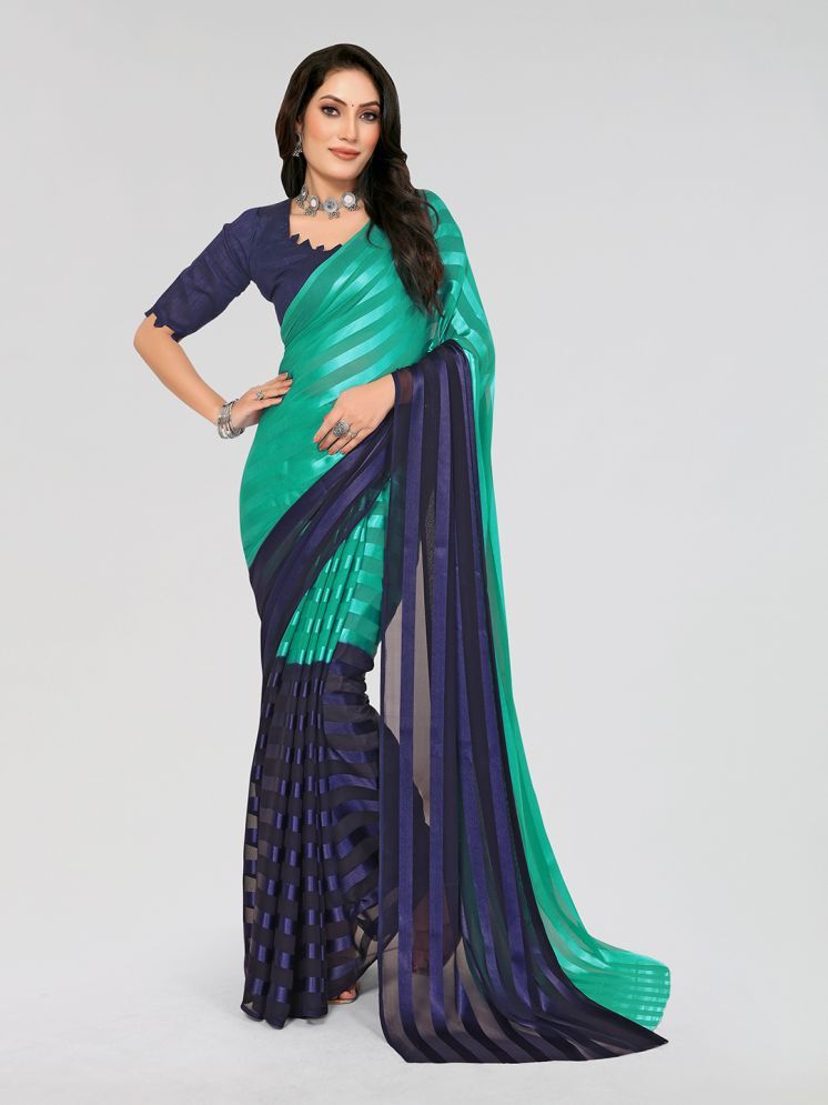     			ANAND SAREES Satin Striped Saree With Blouse Piece - Blue ( Pack of 1 )