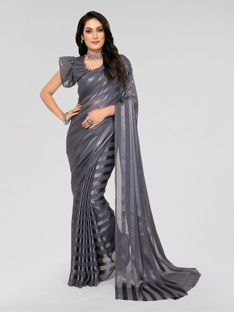     			Kashvi Sarees Satin Striped Saree With Blouse Piece - Grey ( Pack of 1 )