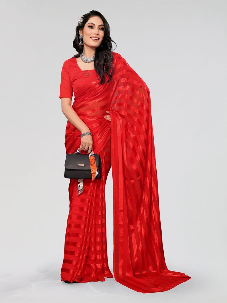     			Kashvi Sarees Satin Striped Saree With Blouse Piece - Red ( Pack of 1 )