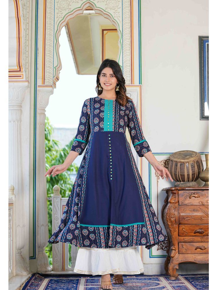     			Yash Gallery Rayon Printed Anarkali Women's Kurti - Blue ( Pack of 1 )