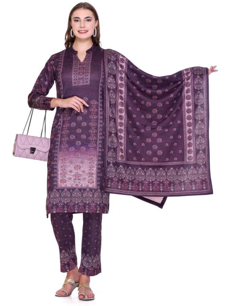     			MELVIN Woollen Printed Kurti With Pants Women's Stitched Salwar Suit - Purple ( Pack of 1 )