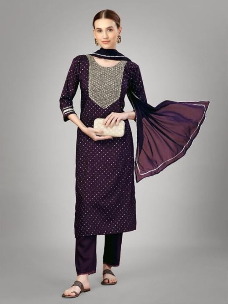     			SILK SUTRA Silk Blend Embroidered Kurti With Pants Women's Stitched Salwar Suit - Purple ( Pack of 1 )