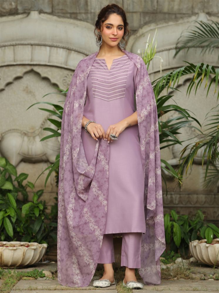     			Janasya Silk Blend Embroidered Kurti With Pants Women's Stitched Salwar Suit - Lavender ( Pack of 1 )