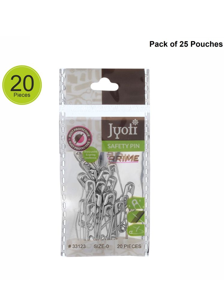     			Jyoti 33123 Safety Pins - Prime, Strong Nickel Plated Steel, Rust Resistant, Heavy Duty Variety Pack, Perfect for Clothes, Crafts, Sewing, Pinning (20x25-500 Pins of Size 0 in a Pouch) - Pack of 25 Pouches