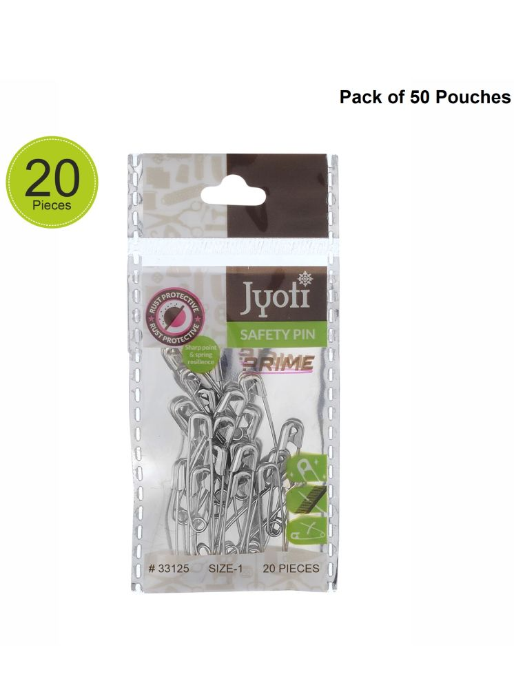     			Jyoti 33125 Safety Pins - Prime, Strong Nickel Plated Steel, Rust Resistant, Heavy Duty Variety Pack, Perfect for Clothes, Crafts, Sewing, Pinning (20x50-1000 Pins of Size 1 in a Pouch) - Pack of 50