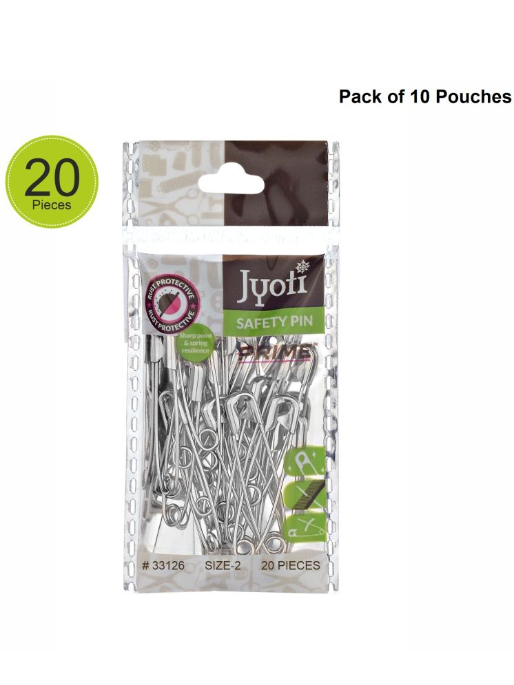     			Jyoti 33126 Safety Pins - Prime, Strong Nickel Plated Steel, Rust Resistant, Heavy Duty Variety Pack, Perfect for Clothes, Crafts, Sewing, Pinning (20x10-200 Pins of Size 2 in a Pouch) - Pack of 10 Pouches