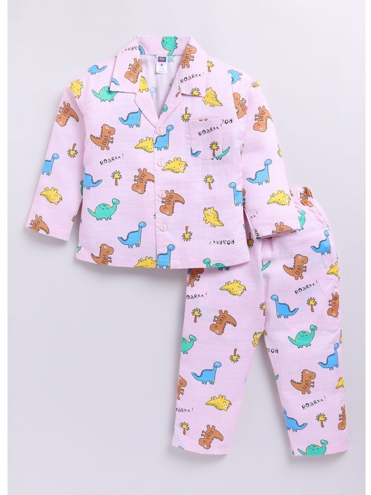     			Nottie Planet Cotton Dinosaur Print Full-Sleeve Tee With Pajama Set - Pink