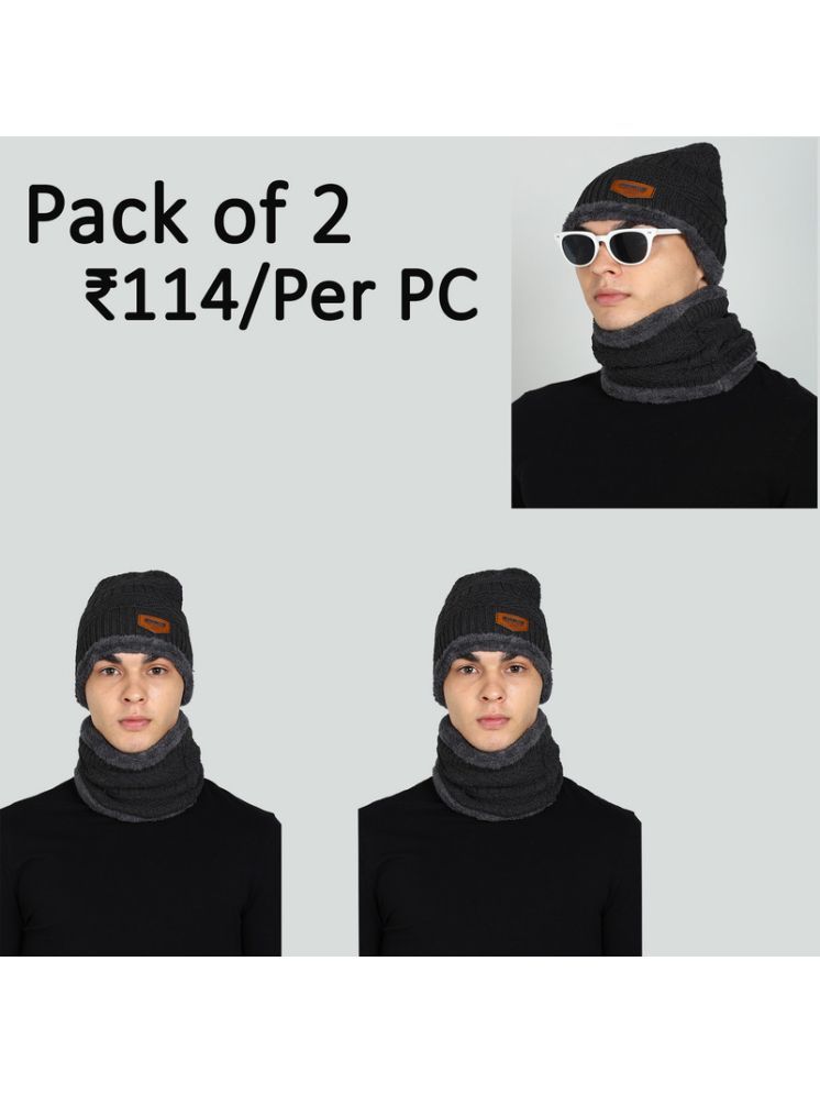     			Paryag Black Woollen Men's Cap ( Pack of 2 )