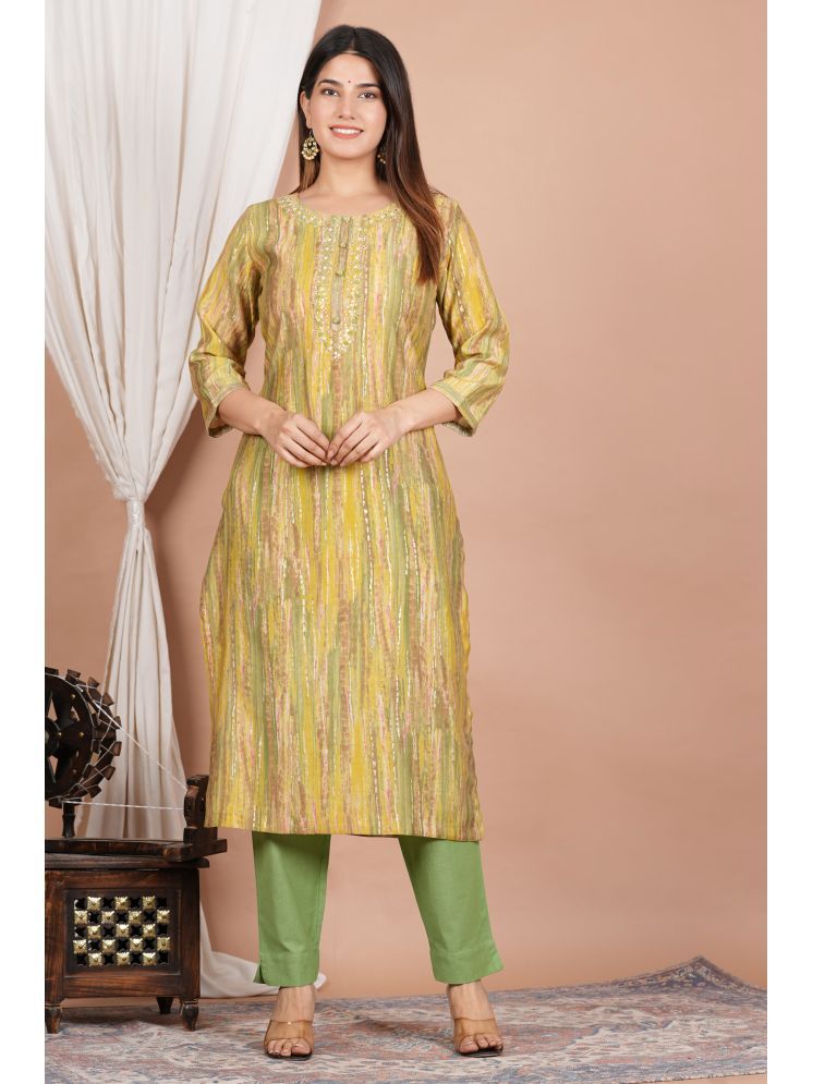     			Akiko Cotton Silk Embellished Kurti With Pants Women's Stitched Salwar Suit - Green ( Pack of 1 )