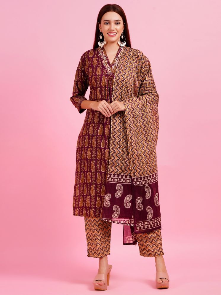     			HIGHLIGHT FASHION EXPORT Cotton Printed Kurti With Pants Women's Stitched Salwar Suit - Maroon ( Pack of 1 )