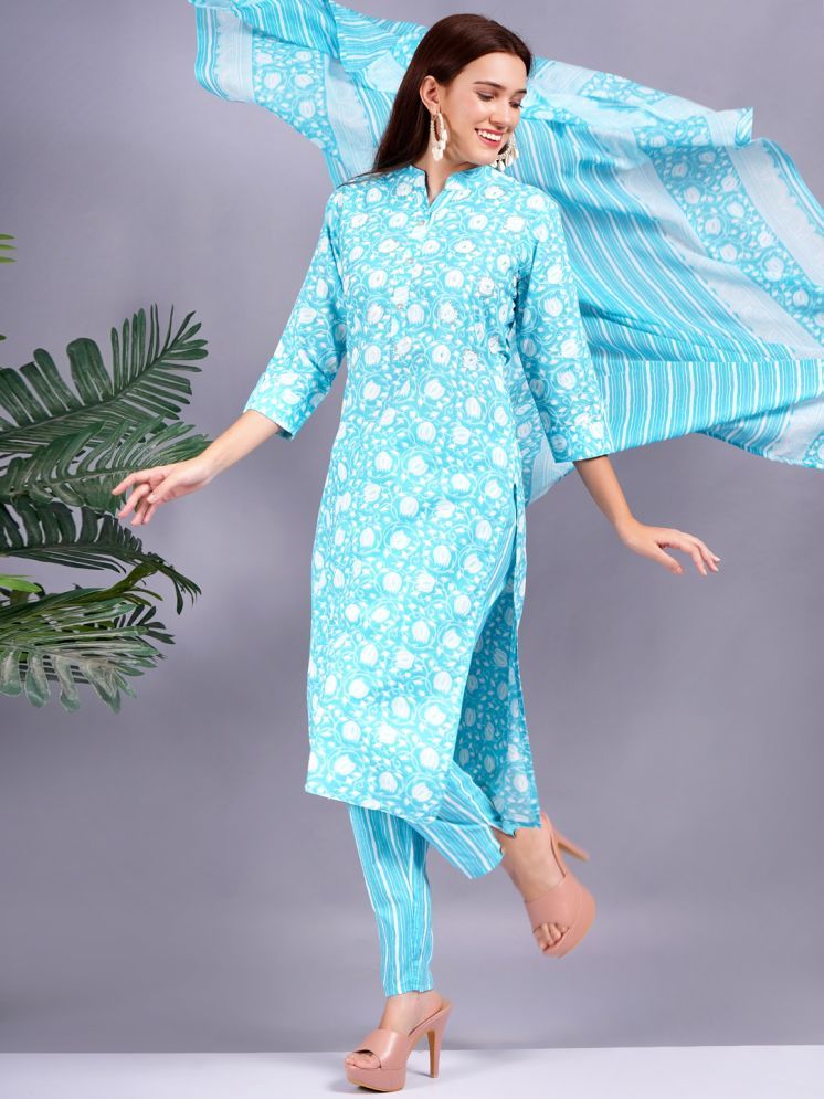     			HIGHLIGHT FASHION EXPORT Cotton Printed Kurti With Pants Women's Stitched Salwar Suit - Light Blue ( Pack of 1 )