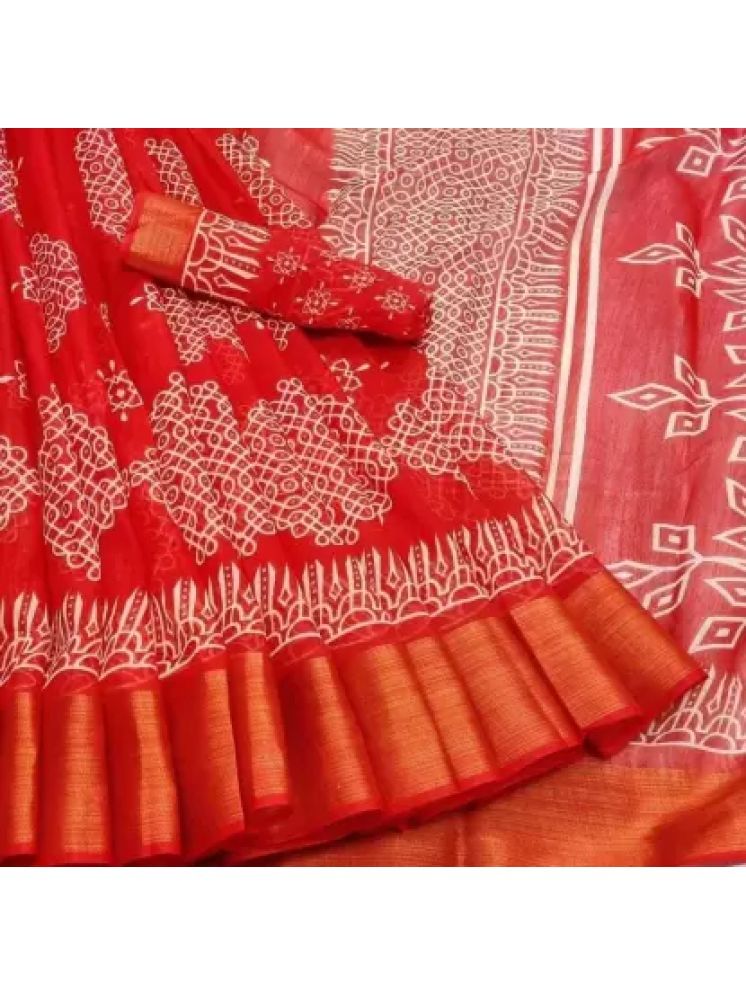     			Samai Cotton Silk Printed Saree With Blouse Piece - Orange ( Pack of 1 )