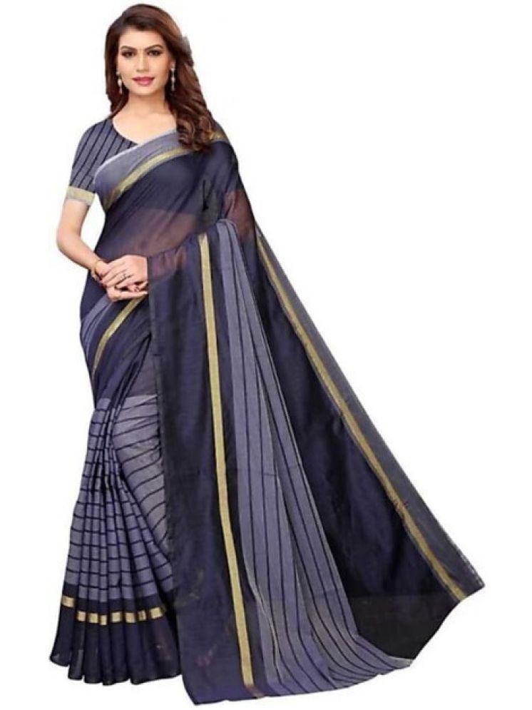     			Samai Cotton Silk Striped Saree With Blouse Piece - Navy Blue ( Pack of 1 )