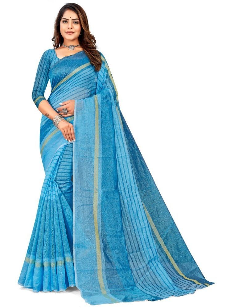     			Samai Cotton Silk Striped Saree With Blouse Piece - Turquoise ( Pack of 1 )