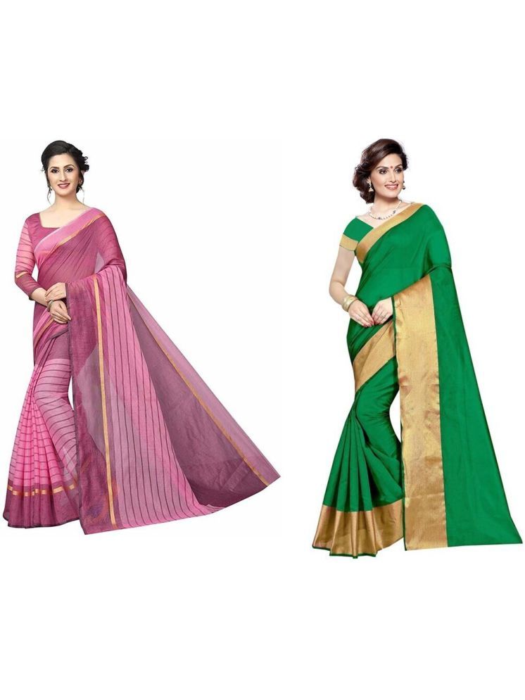     			Samai Cotton Silk Striped Saree With Blouse Piece - Multicolor2 ( Pack of 2 )