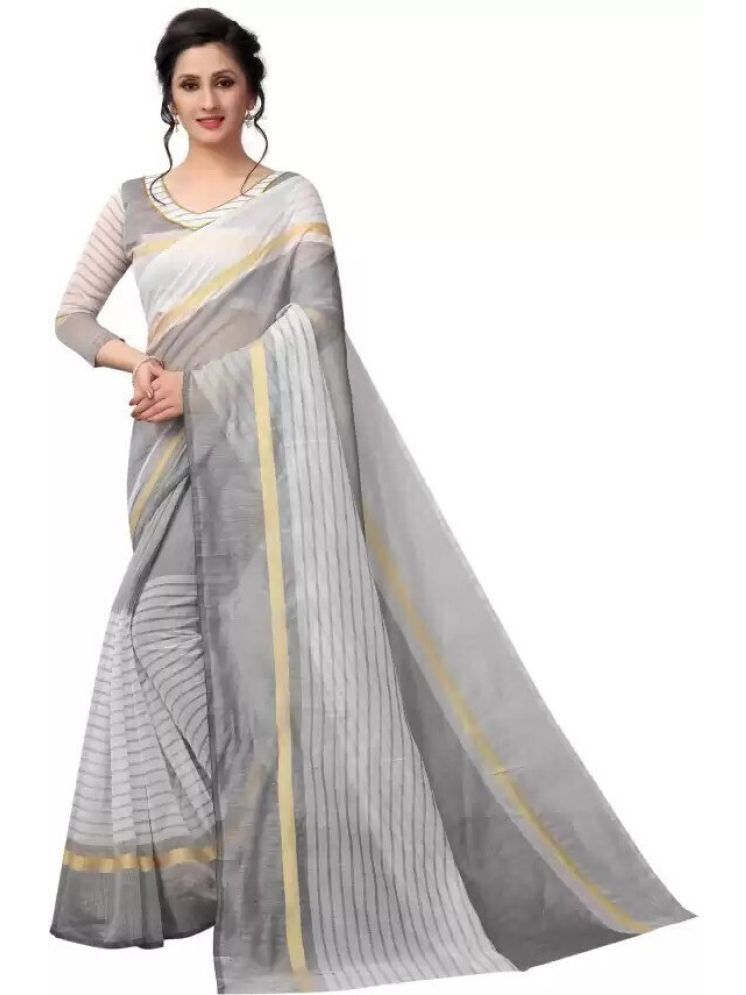     			Samai Cotton Silk Striped Saree With Blouse Piece - White ( Pack of 1 )