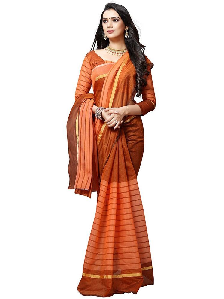     			Samai Cotton Silk Striped Saree With Blouse Piece - Orange ( Pack of 1 )