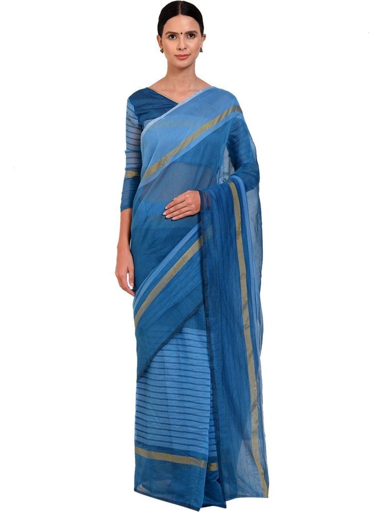     			Samai Cotton Silk Striped Saree With Blouse Piece - Light Blue ( Pack of 1 )