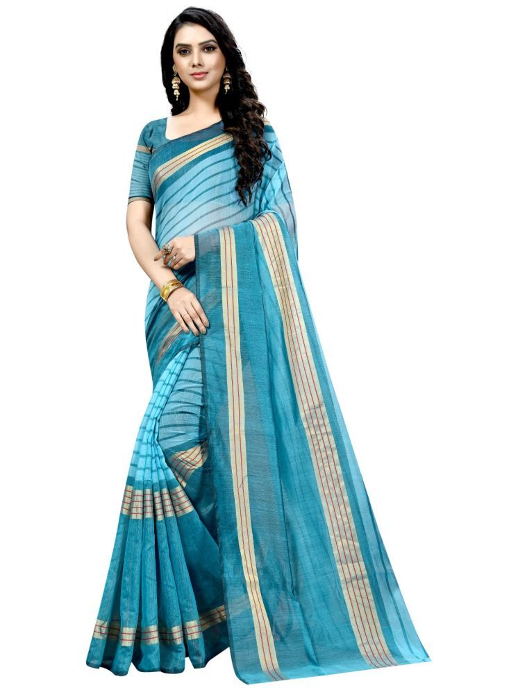     			Samai Cotton Silk Striped Saree With Blouse Piece - Turquoise ( Pack of 1 )