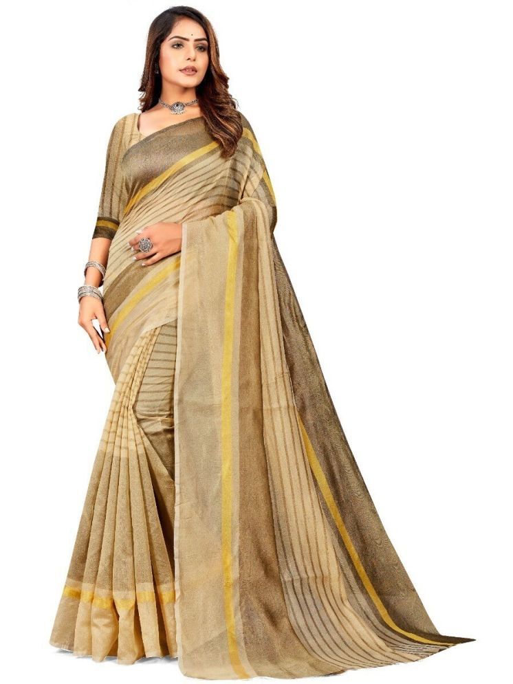     			Samai Cotton Silk Striped Saree With Blouse Piece - Khaki ( Pack of 1 )