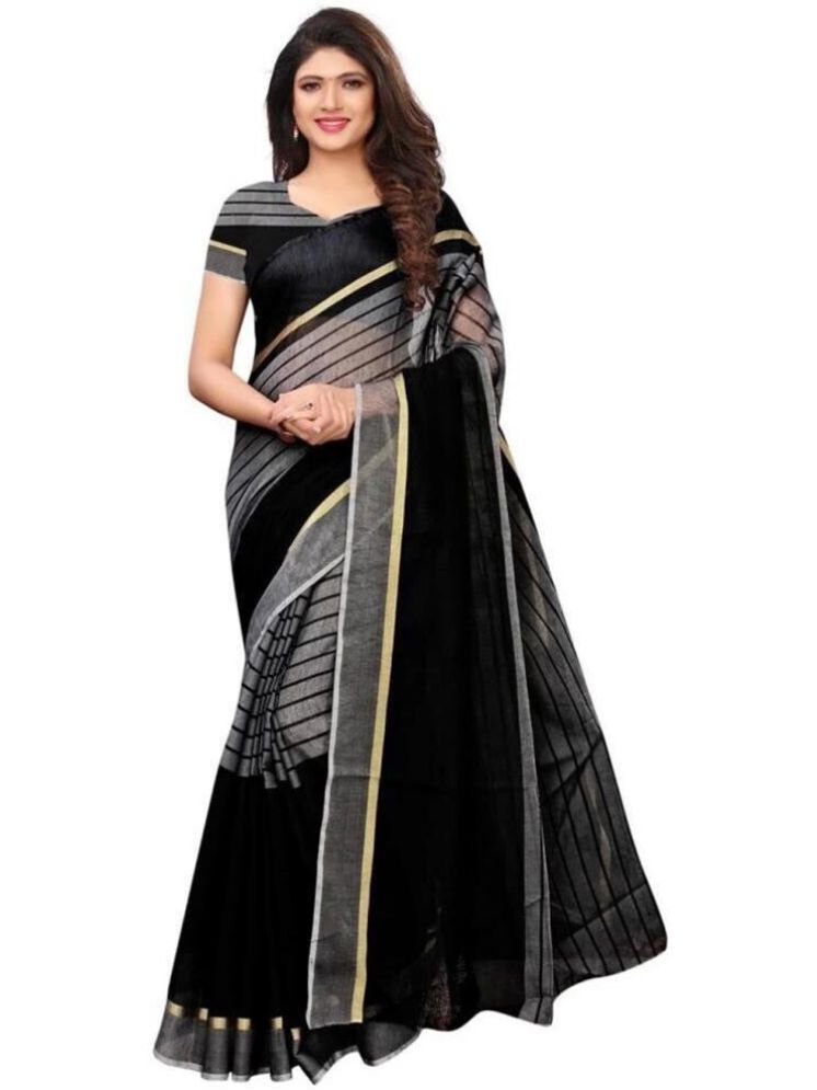     			Samai Cotton Silk Striped Saree With Blouse Piece - Black ( Pack of 1 )