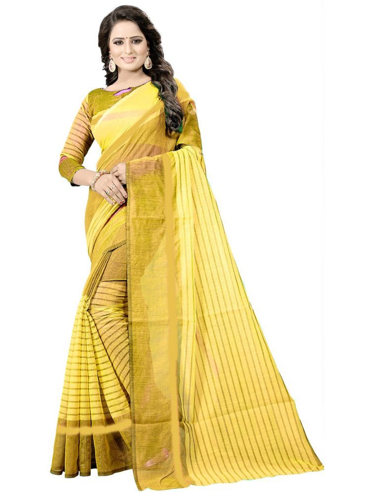     			Samai Cotton Silk Striped Saree With Blouse Piece - Yellow ( Pack of 1 )