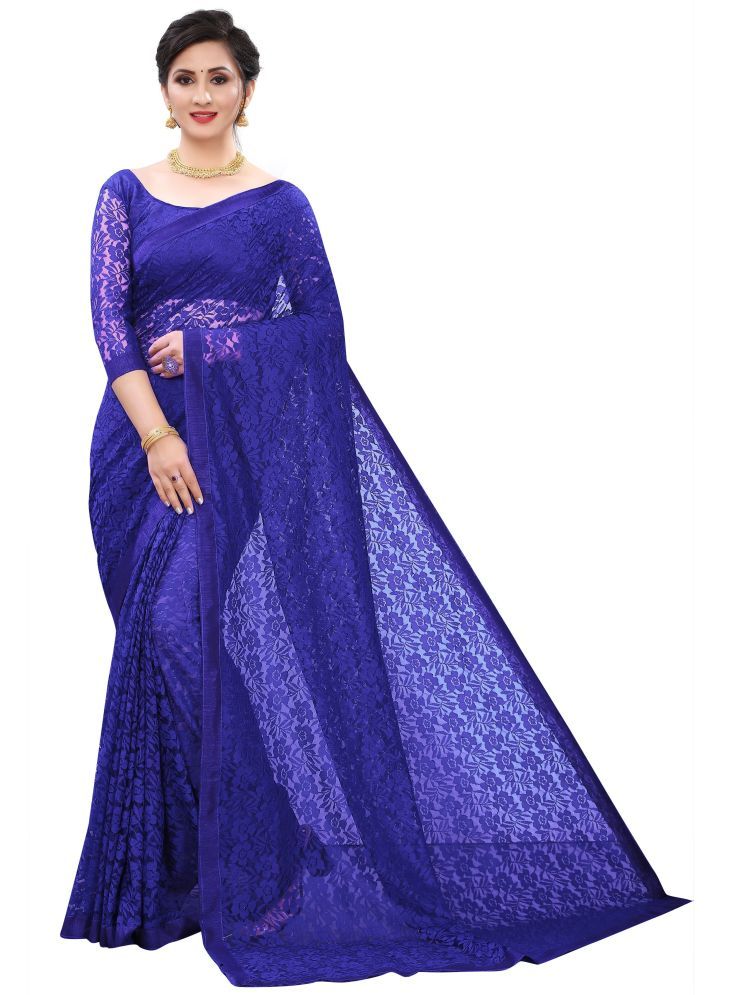     			Samai Net Self Design Saree Without Blouse Piece - Blue ( Pack of 1 )