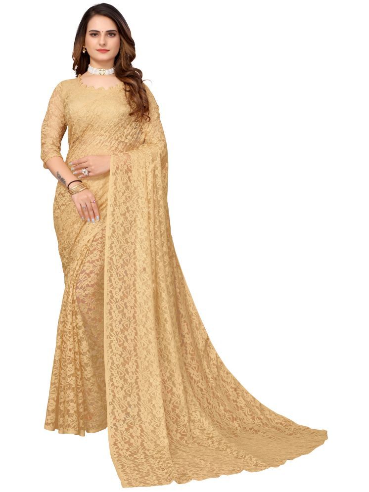     			Samai Net Self Design Saree With Blouse Piece - Beige ( Pack of 1 )