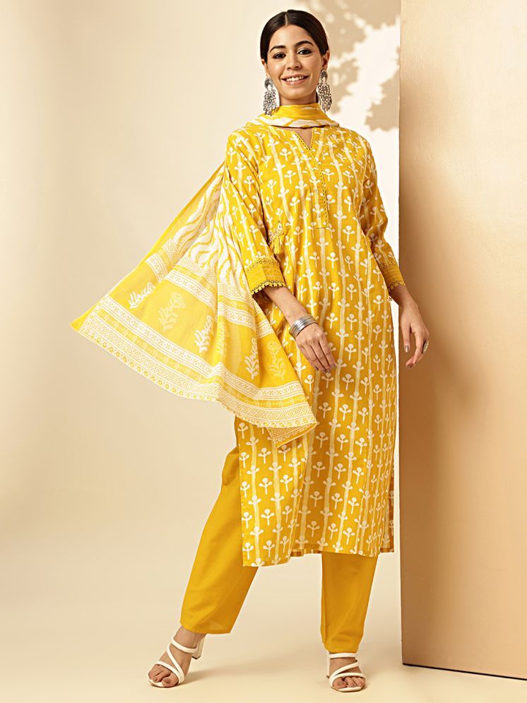     			Vbuyz Cotton Printed Kurti With Pants Women's Stitched Salwar Suit - Yellow ( Pack of 1 )