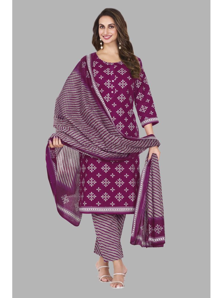     			shree jeenmata collection Cotton Printed Kurti With Pants Women's Stitched Salwar Suit - Purple ( Pack of 1 )