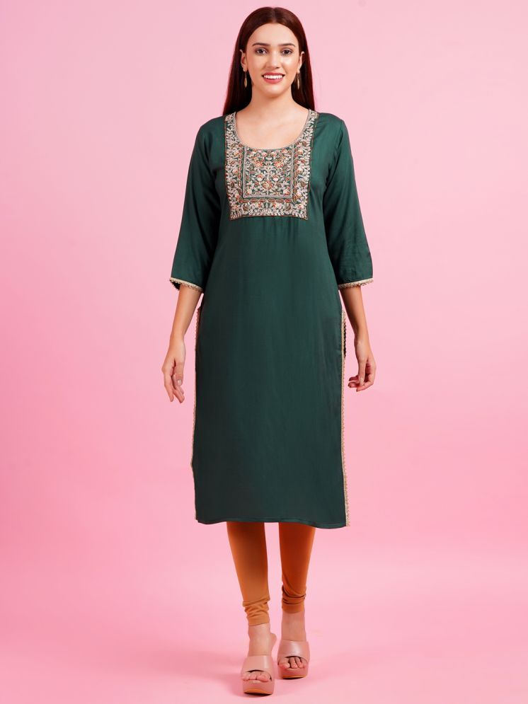     			HIGHLIGHT FASHION EXPORT Rayon Embroidered Straight Women's Kurti - Green ( Pack of 1 )