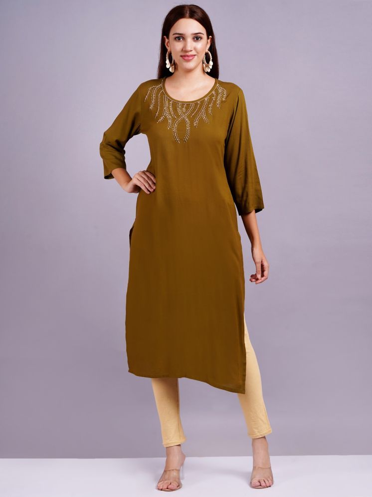     			JC4U Rayon Embroidered Straight Women's Kurti - Brown ( Pack of 1 )