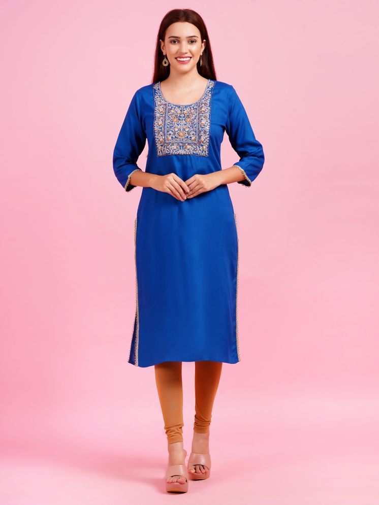     			JC4U Rayon Embroidered Straight Women's Kurti - Blue ( Pack of 1 )