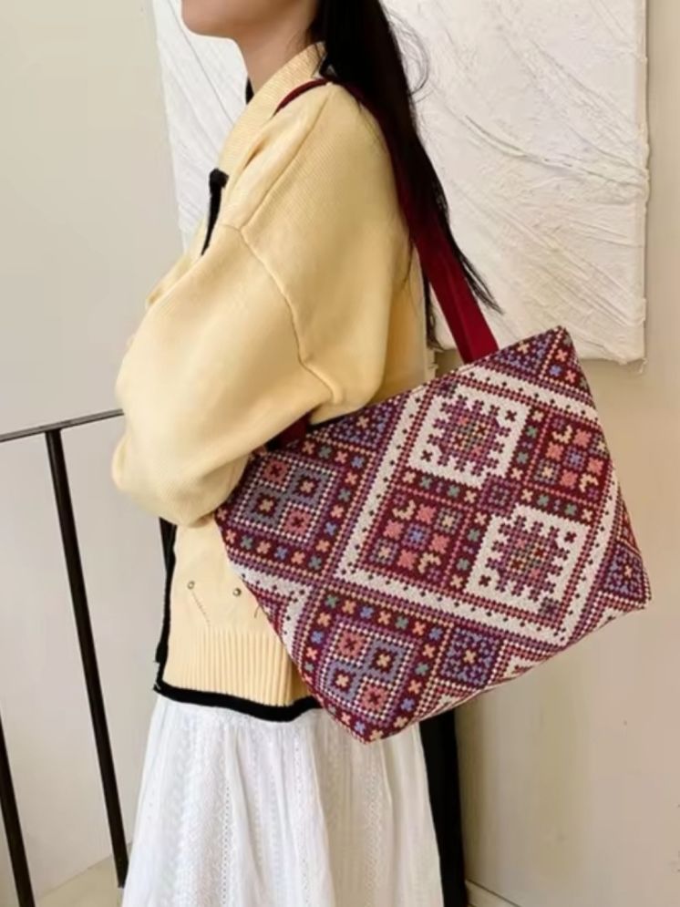     			LIKE STYLE Maroon Jute Tote Bag