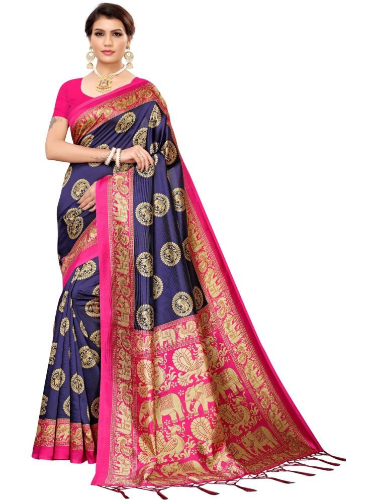     			Samai Cotton Silk Printed Saree With Blouse Piece - Navy Blue ( Pack of 1 )