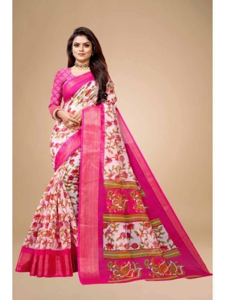     			Samai Cotton Silk Printed Saree With Blouse Piece - Pink ( Pack of 1 )