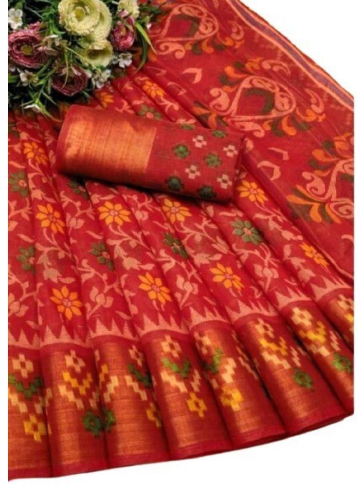     			Samai Cotton Silk Printed Saree With Blouse Piece - Red ( Pack of 1 )