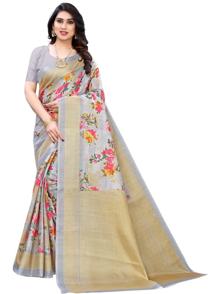     			Samai Cotton Silk Printed Saree With Blouse Piece - Grey ( Pack of 1 )