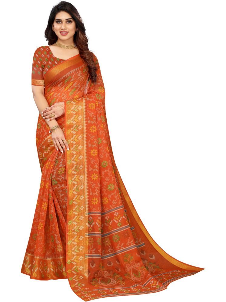     			Samai Cotton Silk Printed Saree With Blouse Piece - Orange ( Pack of 1 )