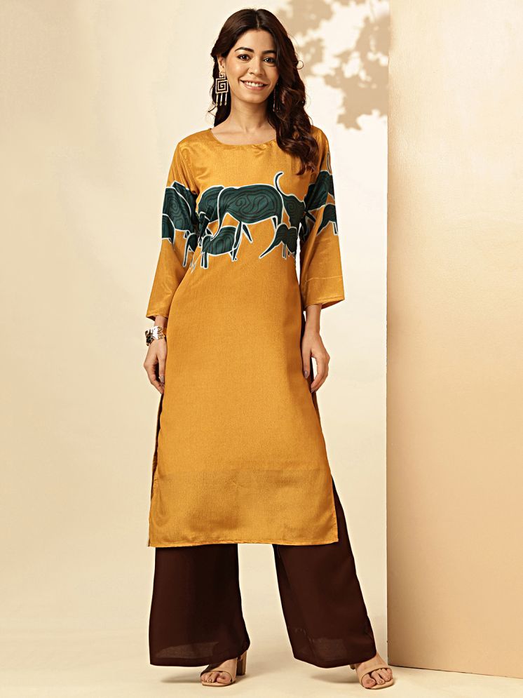     			Vbuyz Cotton Printed Straight Women's Kurti - Mustard ( Pack of 1 )