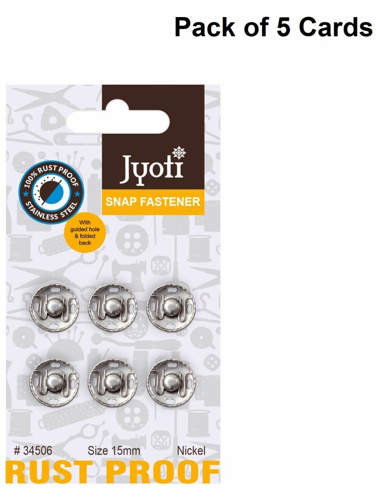     			Jyoti Snap Fastener (6 Sets of Size 15mm of Stainless Steel Material in Nickel Finish) Metal Thickened, Rust Proof Sewing Buttons, Used for Leather Craft/Jeans/Jackets/DIY Items - Pack of 5 Cards