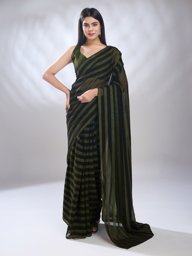     			Rekha Maniyar Georgette Striped Saree With Blouse Piece - Green ( Pack of 1 )