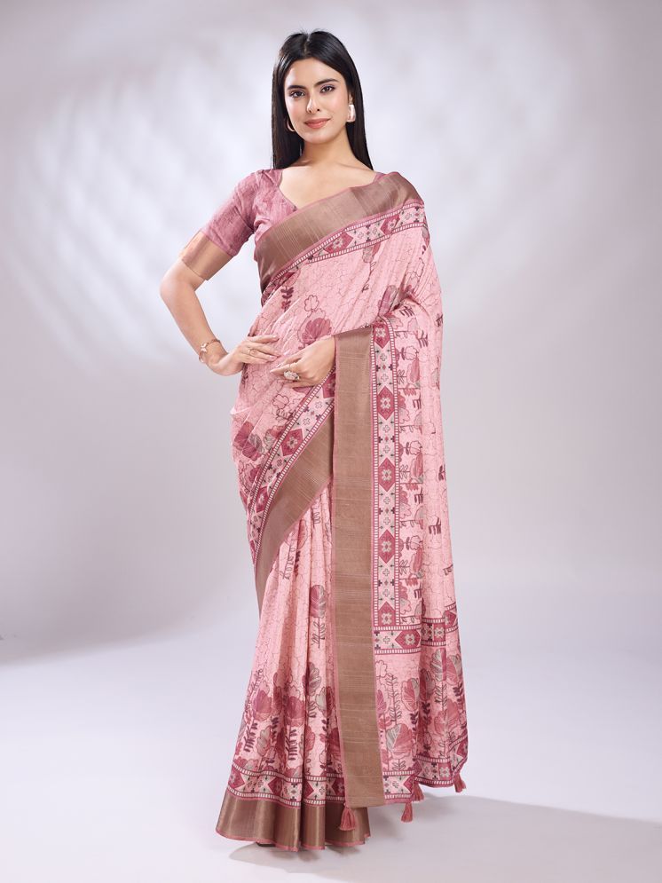     			Rekha Maniyar Silk Blend Printed Saree With Blouse Piece - Pink ( Pack of 1 )